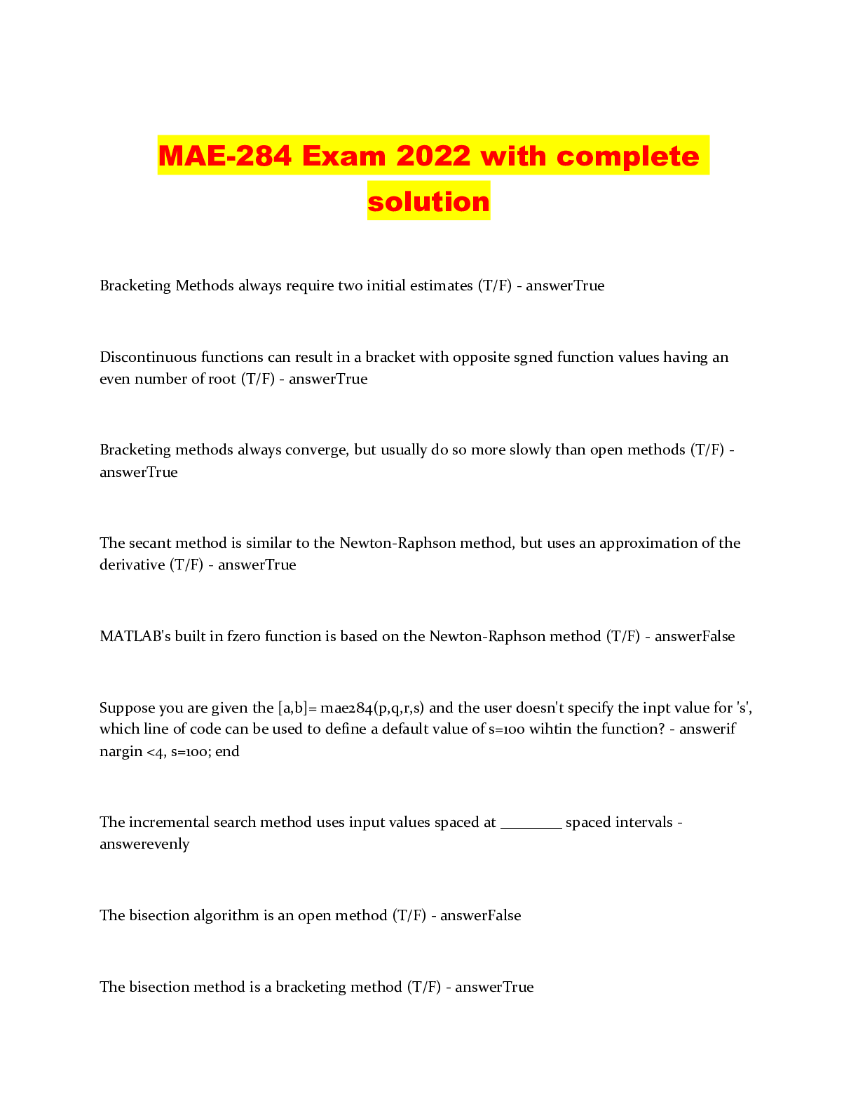 Preview image of MAE-284 Exam 2022 with complete solution document